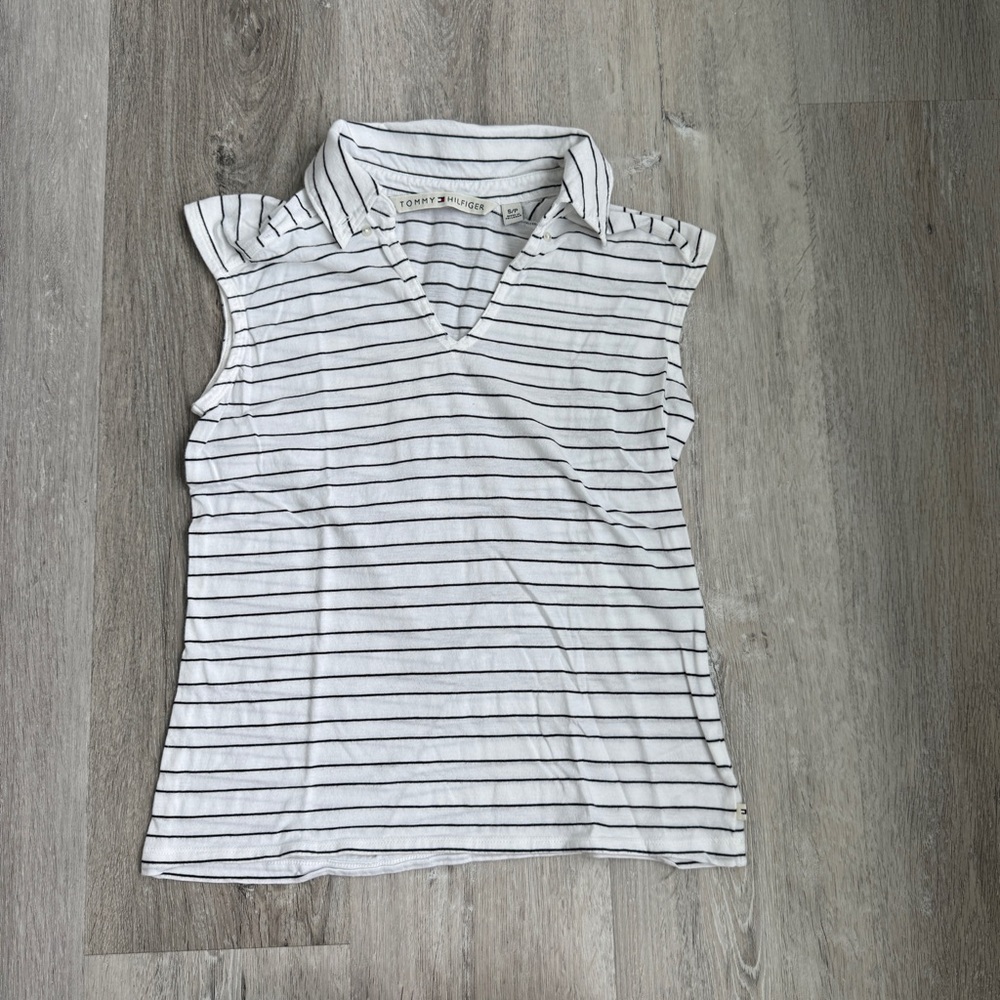 Y2K Vintage Tommy Hilfiger White & Black Striped Polo Top